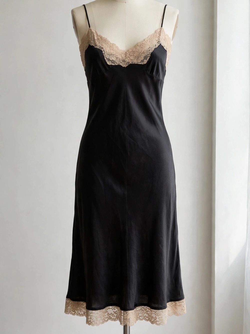 Y2K Vintage Victoria's Secret Black Silk Slip Dress Cream Lace Trim Nightgown M
